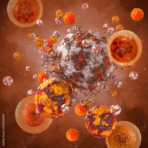 Medical conceptual background, dangerous, malignant, atypical, tumor cancer cells, uncontrolled growth and reproduction, 3d rendering