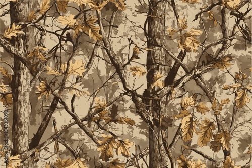 Realistic forest camouflage pattern for hunting. Hunting Seamless pattern.An illustration of camouflage wallpaper featuring oak leaves and branches in earth tones and seamlessly blending .