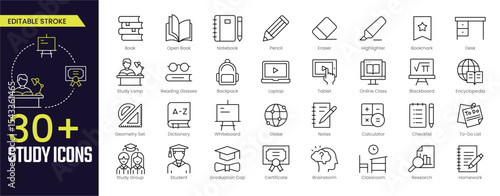 Study Stroke icon collections. Containing Book, Pen, Eraser, Tablet, Blackboard, Classroom, senior, Pencil, School Bag, and Notebook icons. Editable Stroke icon collection Outline icon