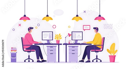 Two people working on computers in a modern office environment with headsets on
