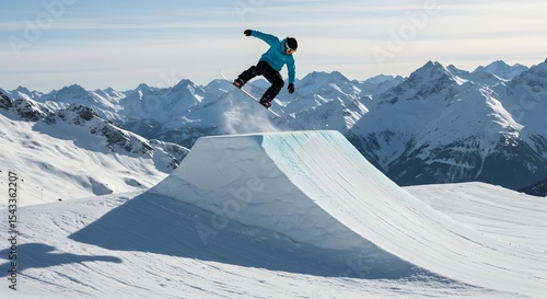 Snowboarder jumping ramp mountains