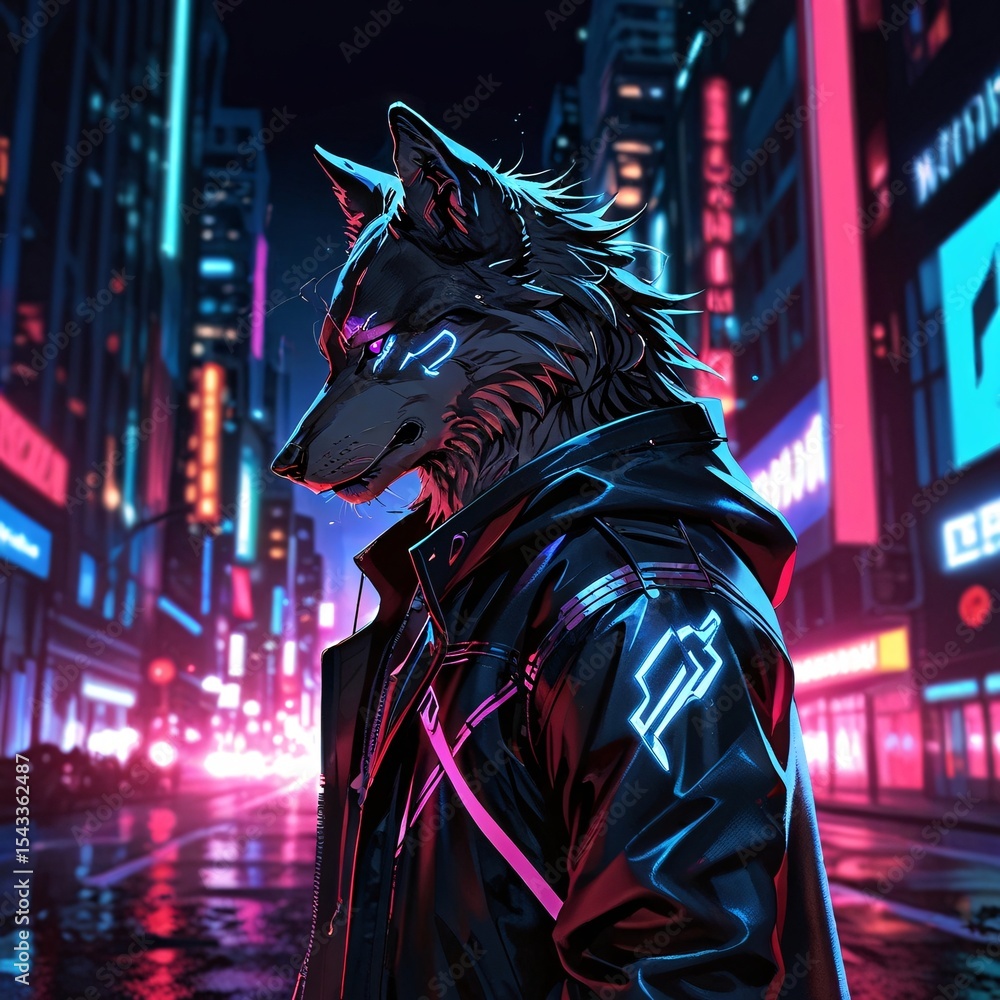 Cyberpunk Neon Wolf with Musical Aura in Futuristic City Cyberpunk Neon Wolf with Musical Aura in Futuristic City