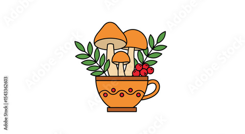 Mushrooms in a Cup of Tea A Cozy Autumn or Woodland Design