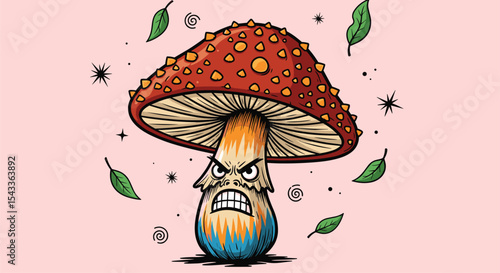 An angry mushroom with a bright red cap is surrounded by green leaves