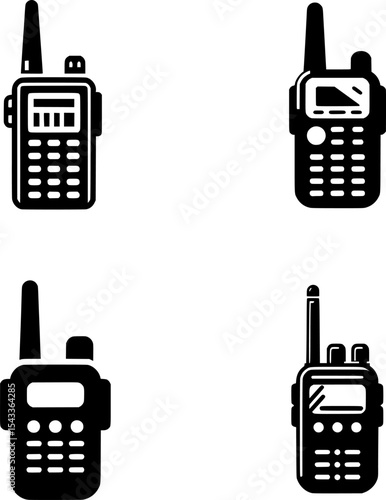 set of minimalist black and white walkie-talkie radio icon for war communication and field ops.