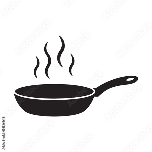 Frying pan silhouette with hot steam lines, kitchen cooking utensil icon isolated on white background.