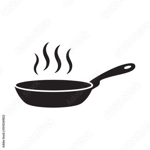 Frying pan silhouette with hot steam lines, kitchen cooking utensil icon isolated on white background.
