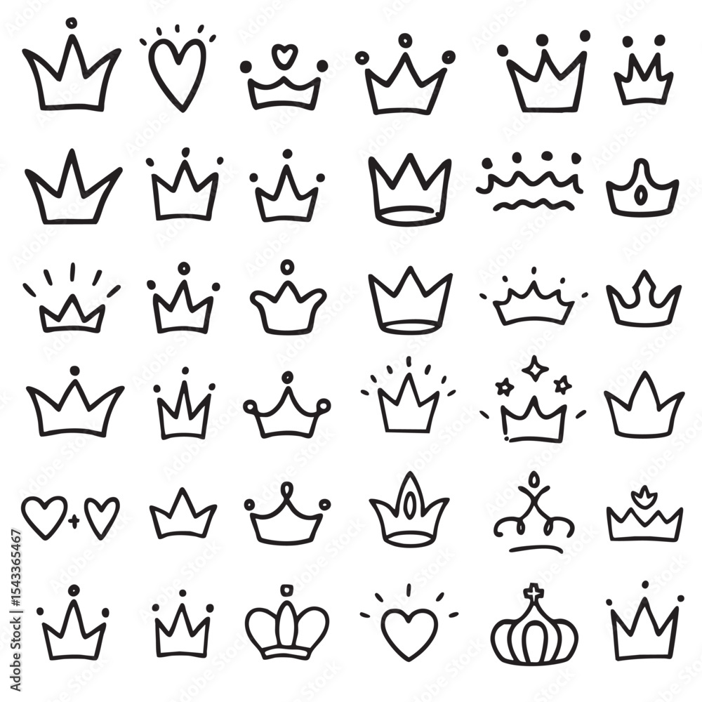 Hand drawn crown and heart icons in various styles, perfect for creative projects Hand drawn crown and heart icons in various styles, perfect for creative projects