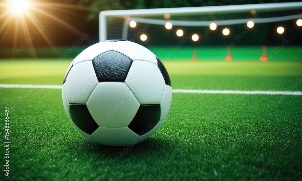 Fototapeta premium Soccer ball on green field with goal and lights at sunset
