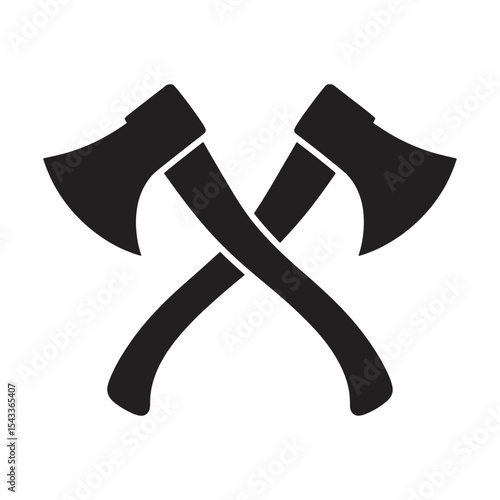 Crossed axes silhouette icon, lumberjack tools, battle axe graphic isolated on white background.