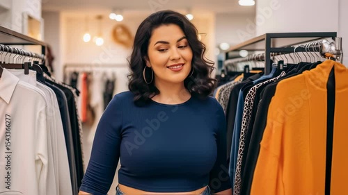 Happy plus-size woman choosing clothes in a fashion boutique. Body positivity, shopping, and self-love concept. Scene for inclusive fashion brands and retail store promotions