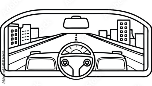 View from inside a car driving on a highway with city buildings in the background in black and white