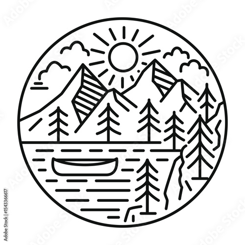 Minimal mountain scene with winding road sun and clouds in black and white circular nature design illustration outdoor art for decoration or print EPS Pro