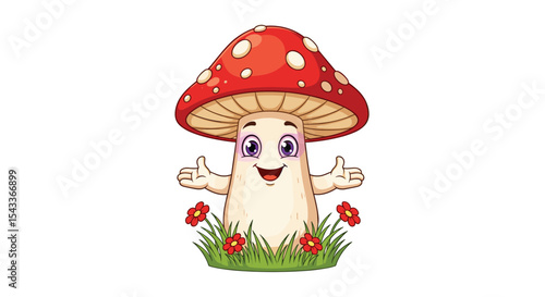 Enchanting Mushroom Character with Red Cap Standing Amongst Flowers in a Green Field Illustration
