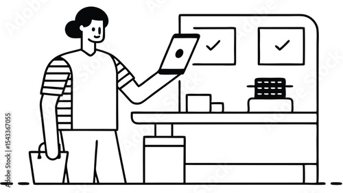 Person holding a phone in a store with shopping bag and check marks on wall in a line drawing style