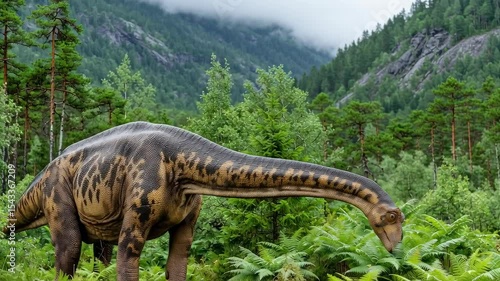 Sauropod dinosaur feeding on ferns. Mountainous backdrop shows the herbivore's majestic size and natural habitat.
