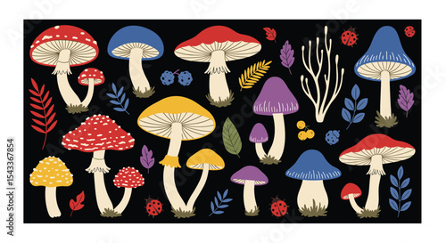 Colorful Mushroom Gathering A Stunning Collection of Fungi in Detailed Artistic Style