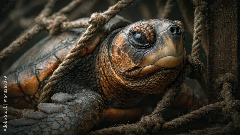 A close-up of a turtle caught in ropes, showcasing its intricate shell and expression. A close-up of a turtle caught in ropes, showcasing its intricate shell and expression.