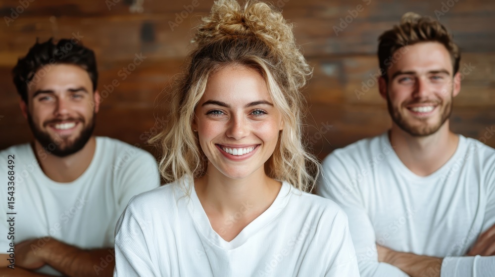 Fototapeta premium A heartwarming image of three friends smiling and posing together, conveying friendship, warmth, and joy, perfect for representing social connections and happiness in life.