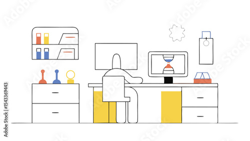 Person sitting at a desk with two monitors and a shelf with various items in a simple drawing style
