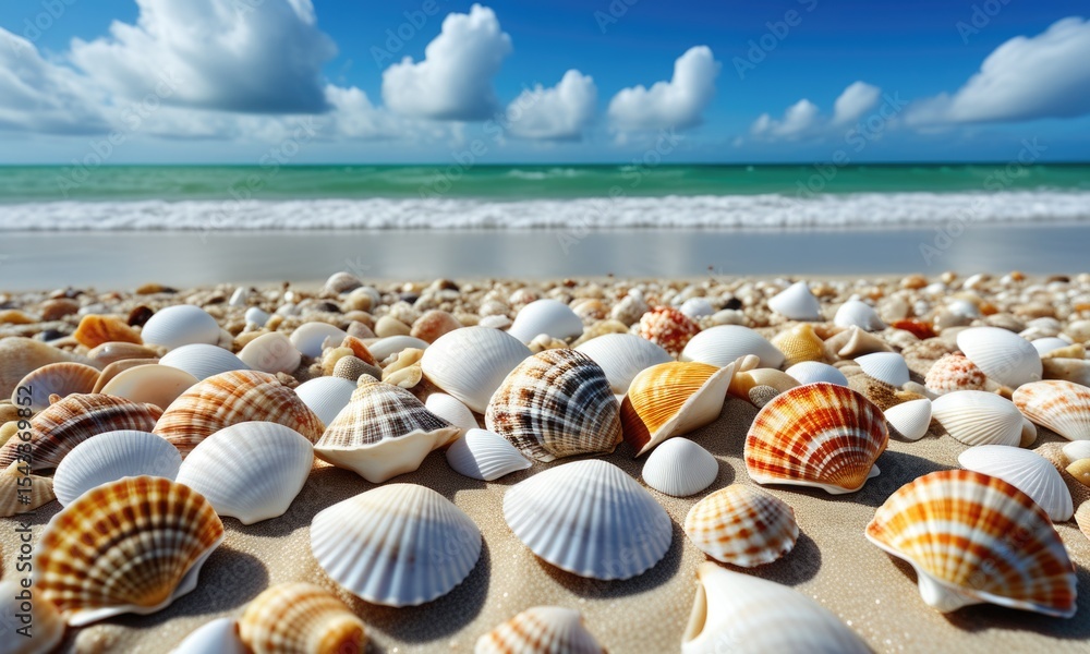 Seashells on a sandy beach with blue sky and ocean waves in the background Seashells on a sandy beach with blue sky and ocean waves in the background