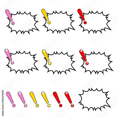 カラフルなビックリマークと右口の爆発型の吹き出し