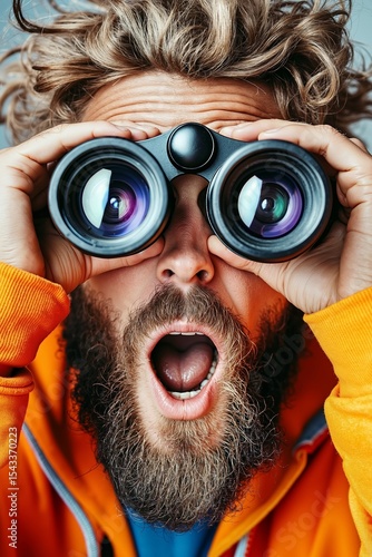 A man with a beard looking through binoculars with his mouth open