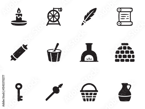 A set of black and white, hand-drawn style icons depicting various historical or rustic items vector art on white