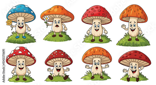 Cartoon Mushrooms with Happy Faces Delightful Forest Fungi Illustration for Children