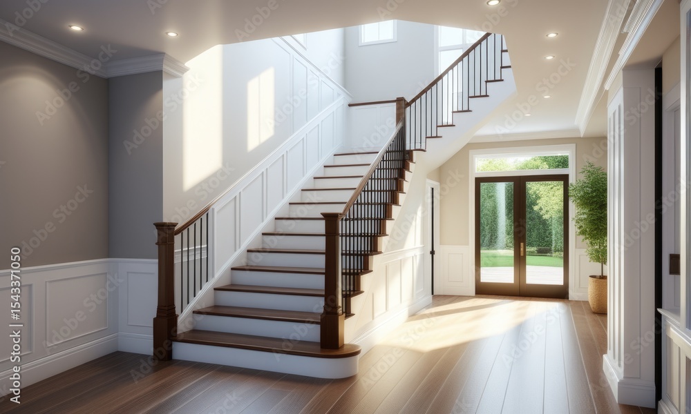 Fototapeta premium Elegant sunlit staircase in modern home interior