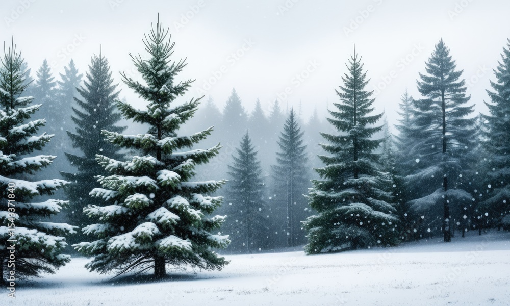 Serene snowy pine forest in winter wonderland with falling snowflakes Serene snowy pine forest in winter wonderland with falling snowflakes