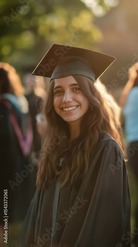 Happy woman student in cap and gown smiles during graduation ceremony. Academic achievement and education success concept footage.