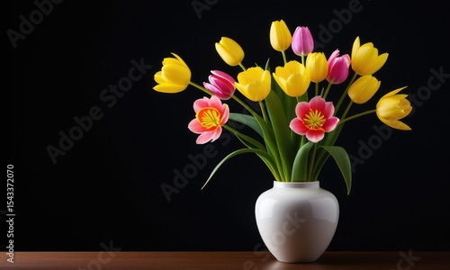Wallpaper Mural Elegant bouquet of yellow and pink tulips in a white vase against black background Torontodigital.ca