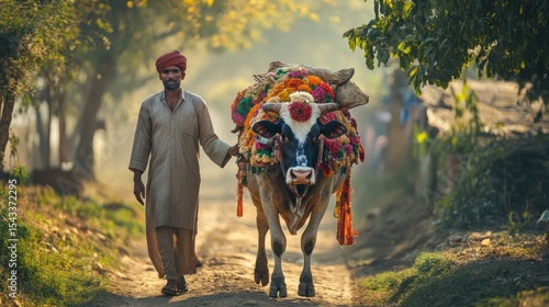Rural India farmer leading decorated ox
