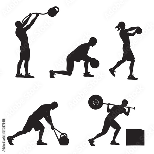 Silhouette illustrations of people performing various weightlifting and functional training exercises