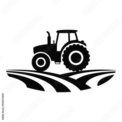 Farm tractor silhouette in field isolated on white background