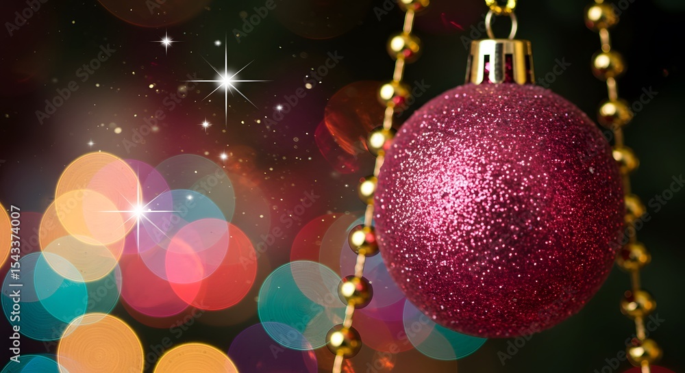 Fototapeta premium christmas decoration on red.Sparkling Pink Christmas Ornament with Gold Beads and Bokeh Lights.