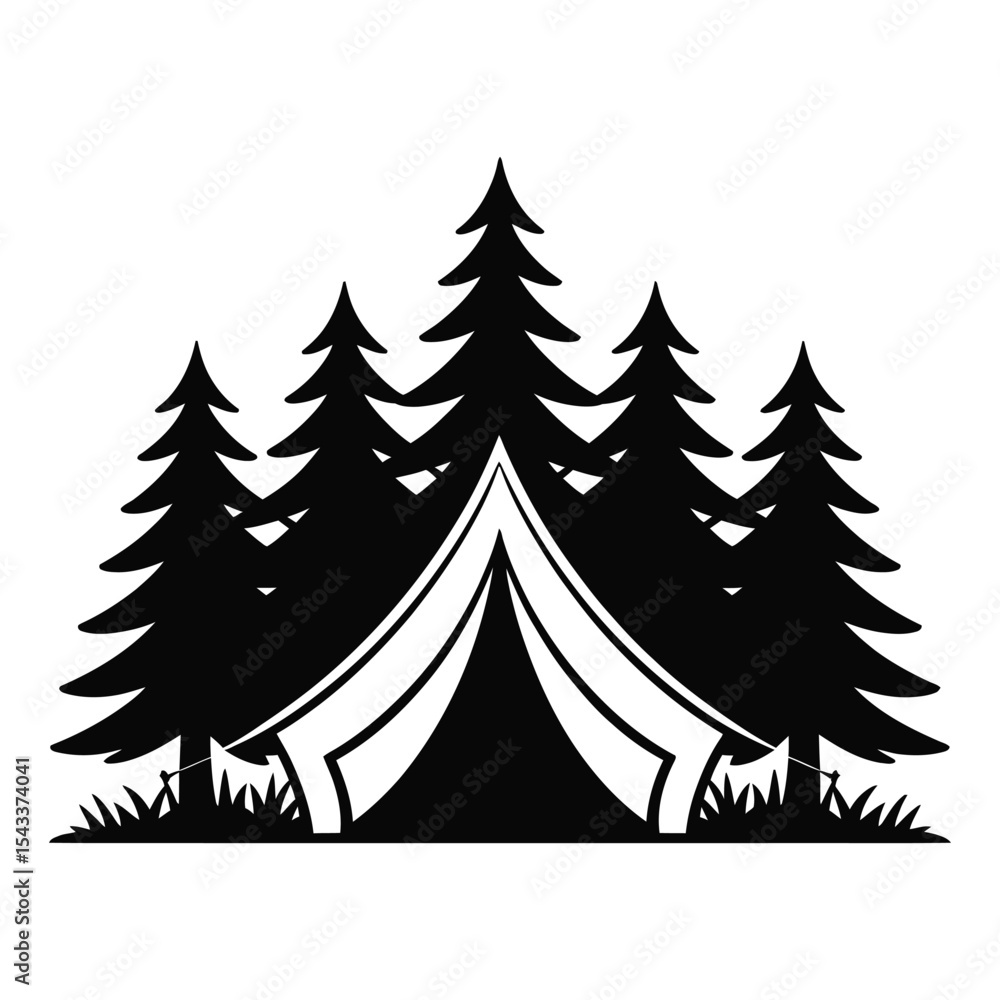 Obraz premium Camping tent in forest silhouette isolated on white background