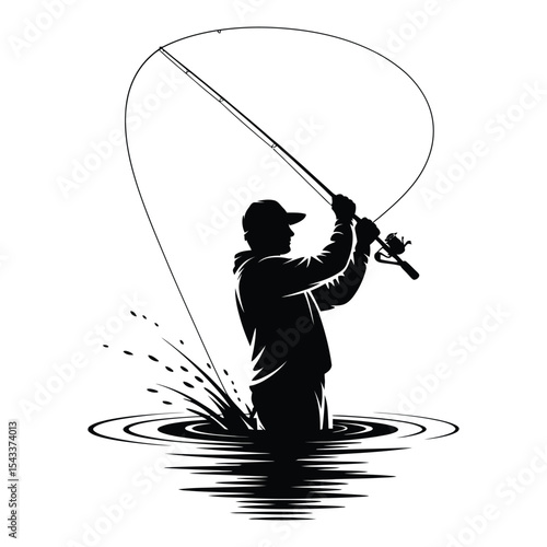 Fisherman silhouette casting rod isolated on white background