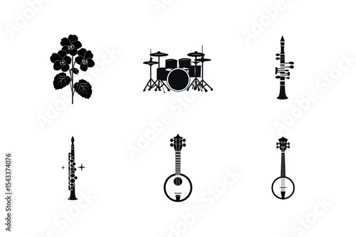 Black silhouettes of musical instruments and flowers
