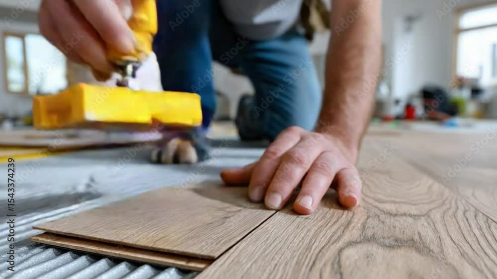 Flooring Installation: A skilled construction worker meticulously installs wooden flooring. Capturing the focus and precision of the flooring process. Flooring Installation: A skilled construction worker meticulously installs wooden flooring. Capturing the focus and precision of the flooring process.