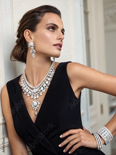 Elegant woman in black dress showcasing elaborate diamond jewelry set with matching bracelet and earrings
