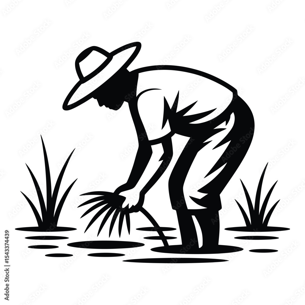 Fototapeta premium Farmer planting rice silhouette isolated on white background