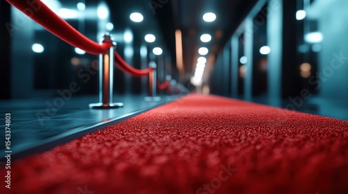 An alluring perspective of a red carpet lined hallway, evoking feelings of glamour and prestige, ideal for events and celebrations, surrounded by stylish decor and soft lighting.