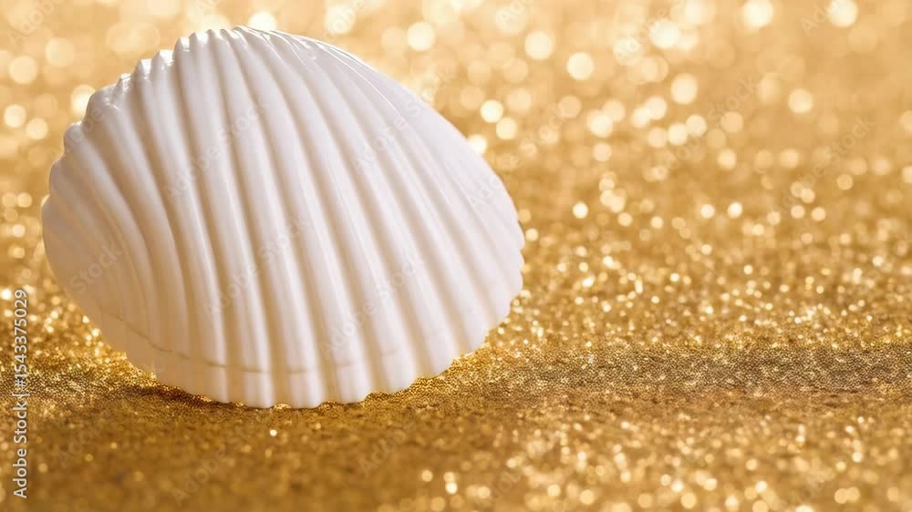 Elegant white seashell with ridge patterns against a golden sparkling glitter background, perfect for ocean themes or luxury concepts Elegant white seashell with ridge patterns against a golden sparkling glitter background, perfect for ocean themes or luxury concepts