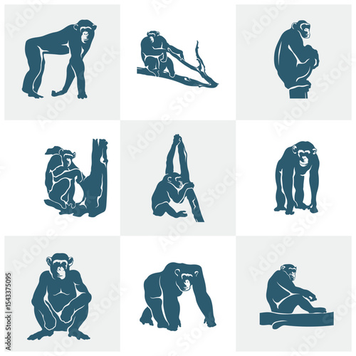 Set of Chimpanzee logo design vector. Silhouette Chimpanzee Template Illustration. Icon Symbol