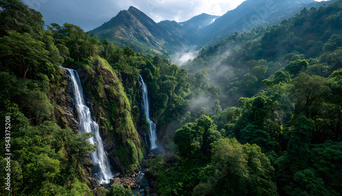 Magnificent waterfalls cascading in a lush tropical rainforest with rainbow mist, perfect for eco-tourism, nature therapy, and dream travel visuals