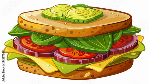 Cartoon sandwich made with pickled cucumber slices instead of bread, layered with cheese, tomatoes, onions, and greens