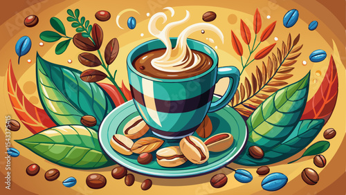 Cartoon cup of coffee with tahini surrounded by coffee beans, leaves, and cookies on a vibrant background