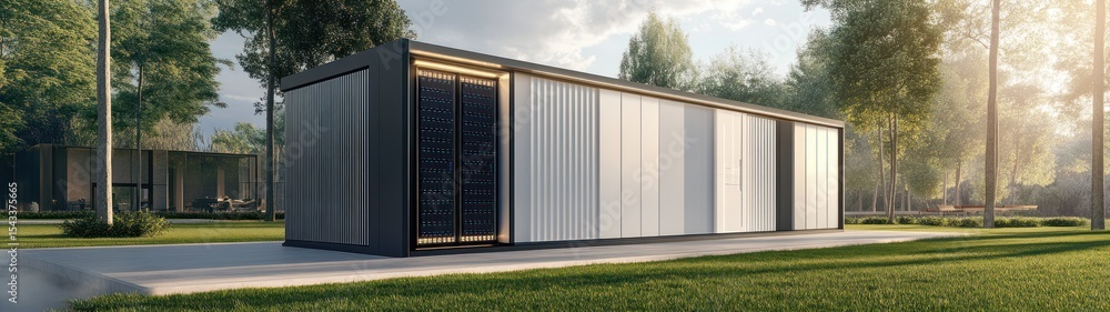 Fototapeta premium Modern modular structure in a landscaped setting.